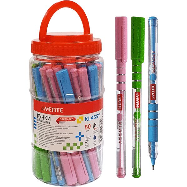 Ручка шариковая синяя, Ø 0.7 мм "игла", прозр. круг. корп., одноразовая, deVENTE Speed Pro_Klassy_3 дизайна