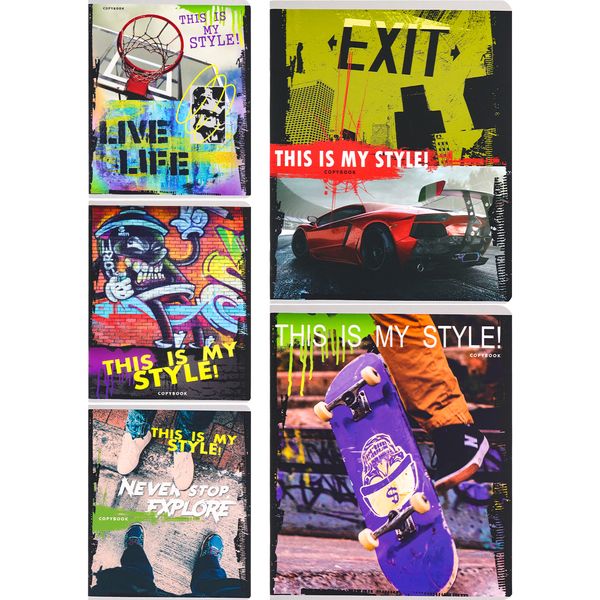 Тетрадь А5, клетка, 48 л., на скобе, 65 г/м², софт-тач, с/уг, Collezione В стиле урбан-2_5 дизайнов